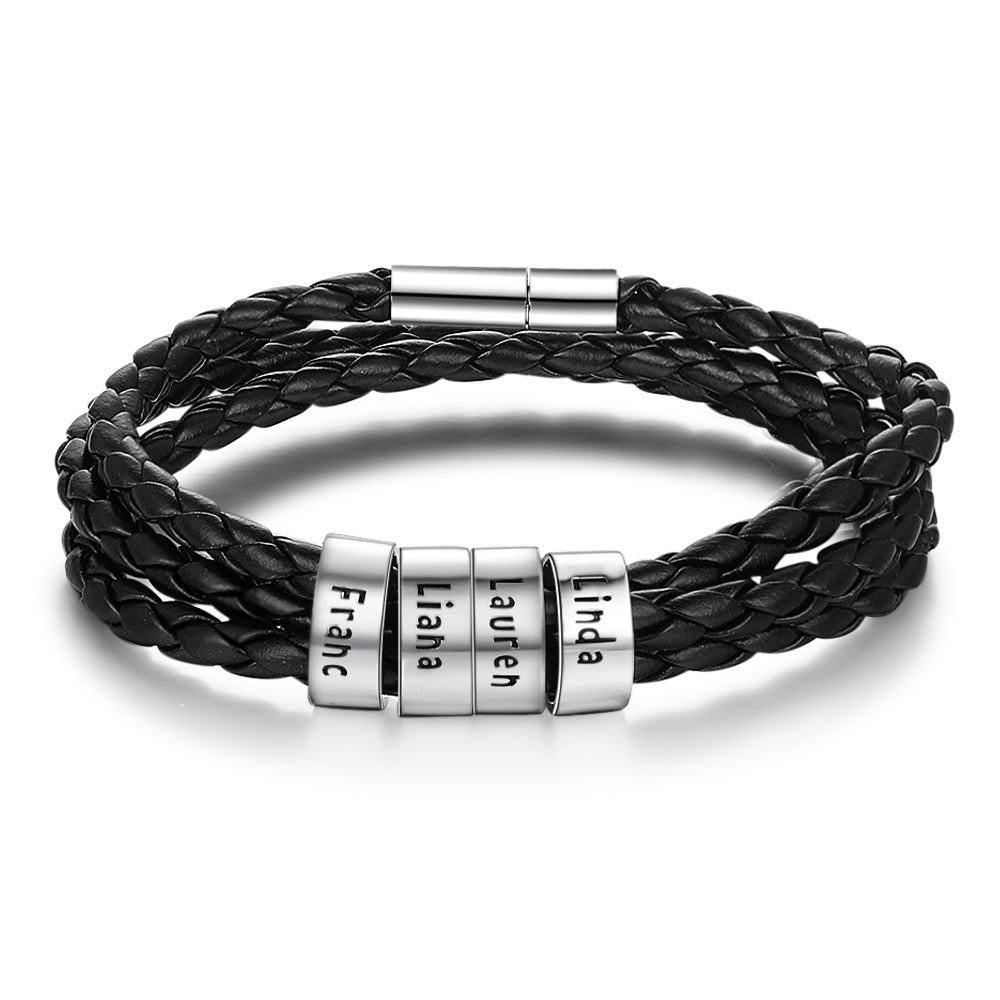 Personligt flätat läderarmband i rostfritt stål med pärlor och namnberlocker för män med efternamn