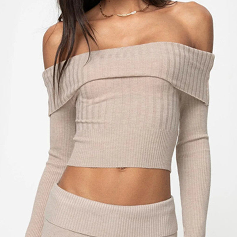 Boat Neck Long Sleeve Knitted Sweater - Off-shoulder Crop Short Top SFor Womens Clothing