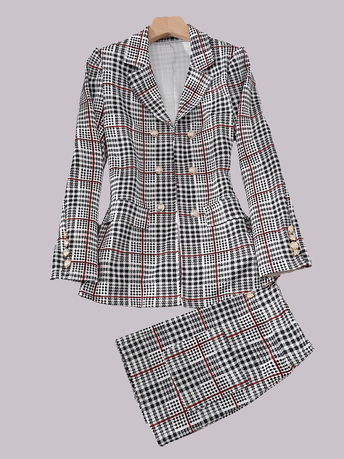 Dammode Casual Slim Kostym Tvådelad Plusstorlekskostym, Rutig Mönster Elegant Kjolkostym Med Knappar, Lapel Långärmad Kavaj Och Hög Midja Kjol, Plusstorlekar Damkläder Amazon Säljer Ej