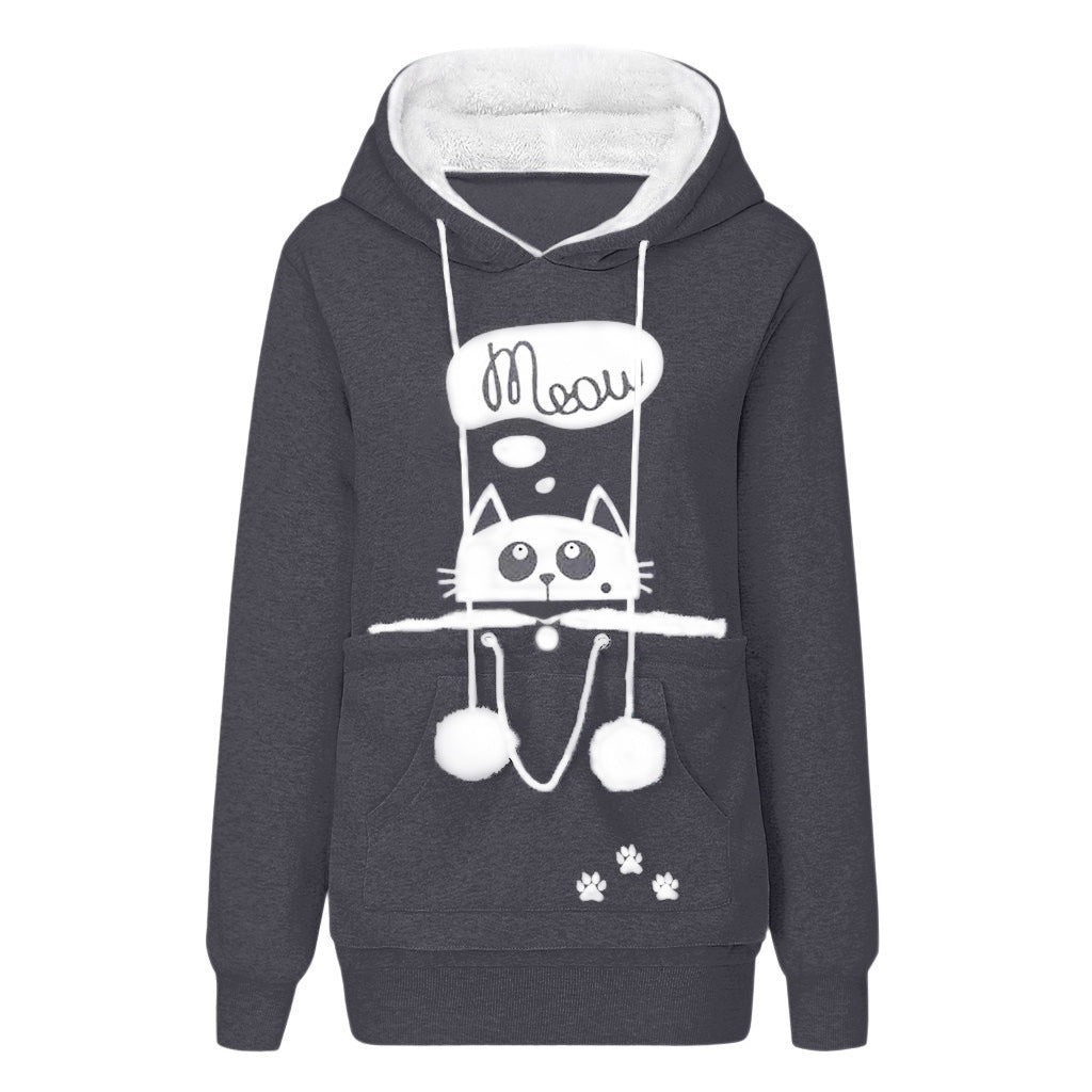 Cat Print Hoodie with Big Pocket for Pets - Long Sleeve Sweater for Women