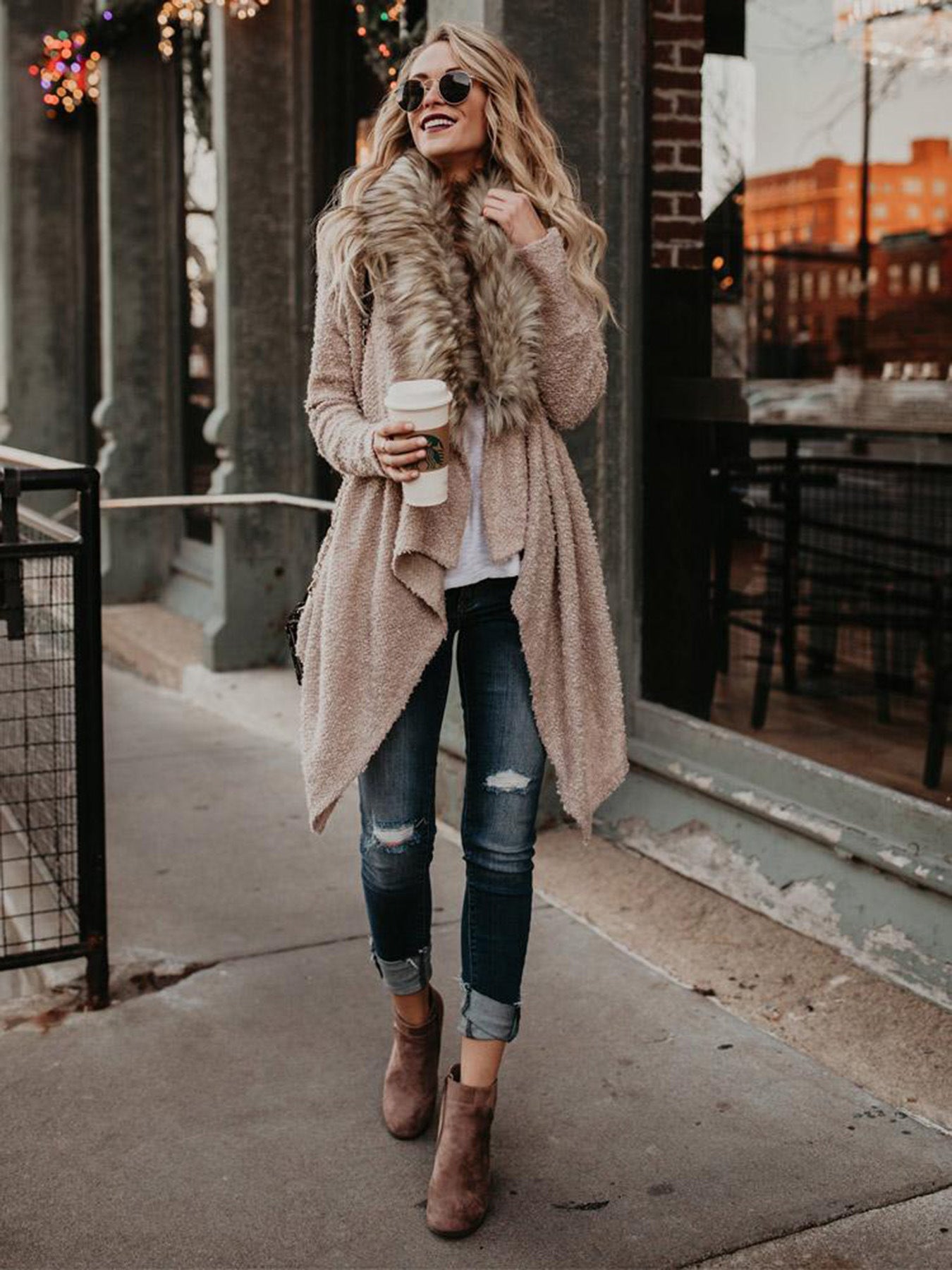 Trench-coat en peluche cardigan à col en fourrure