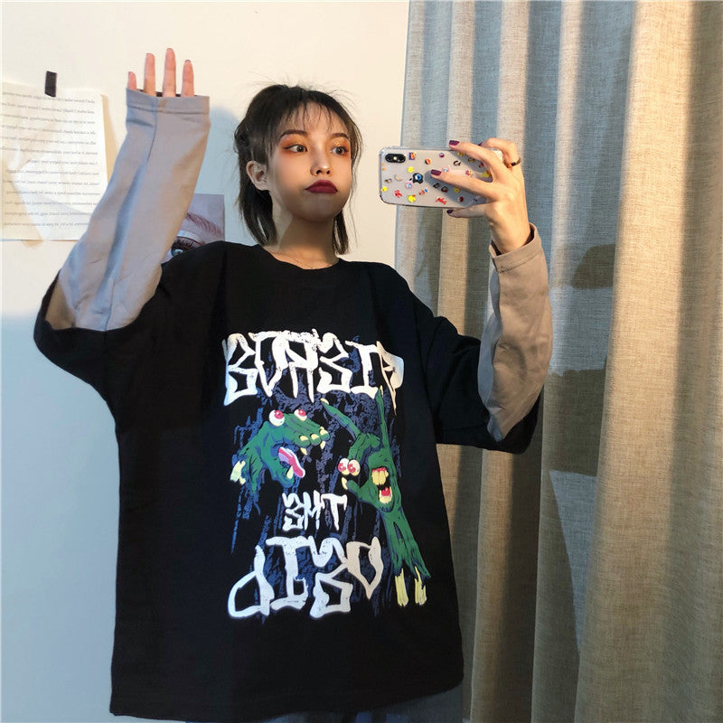 Spring Sports Fake Two-Piece Hedging Cartoon T-Shirt - Loose Fit for Women