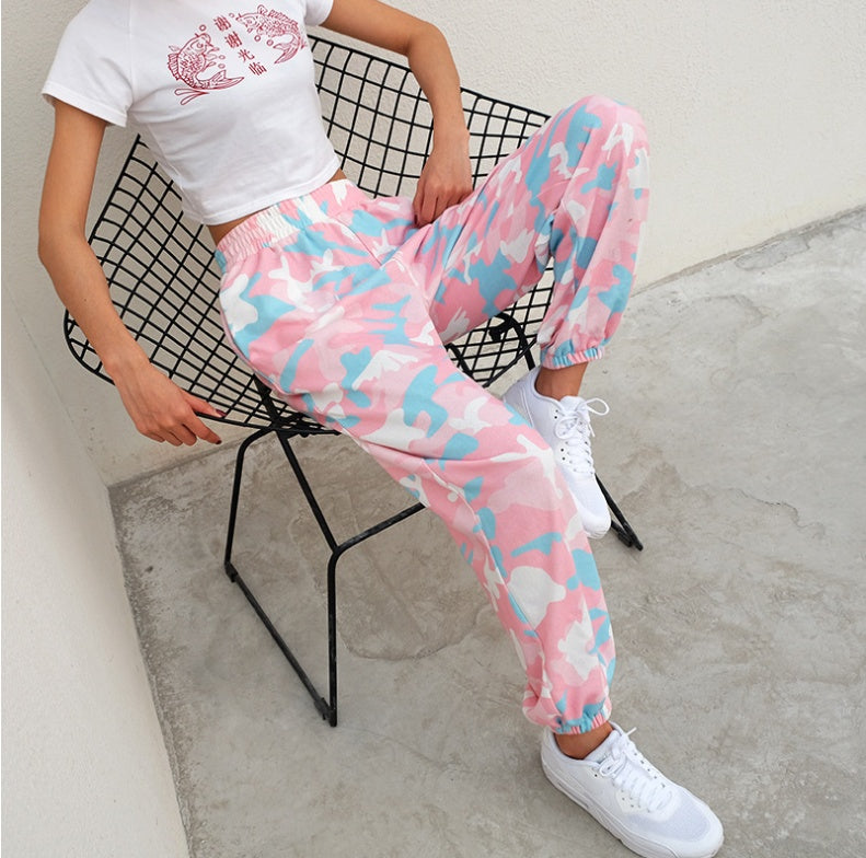 NCLAGEN 2021 Nya kvinnor rosa camouflage Skriv ut byxor Loose Harem Camo byxor Spring High Midja Casual Joggers Elastisk S Vetbyxor