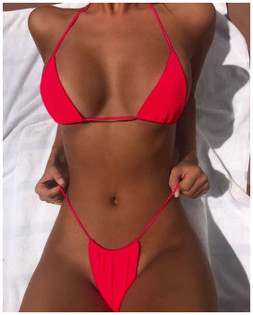 Pure Color Gathered Tether Sexy Bikini Split Swimsuit