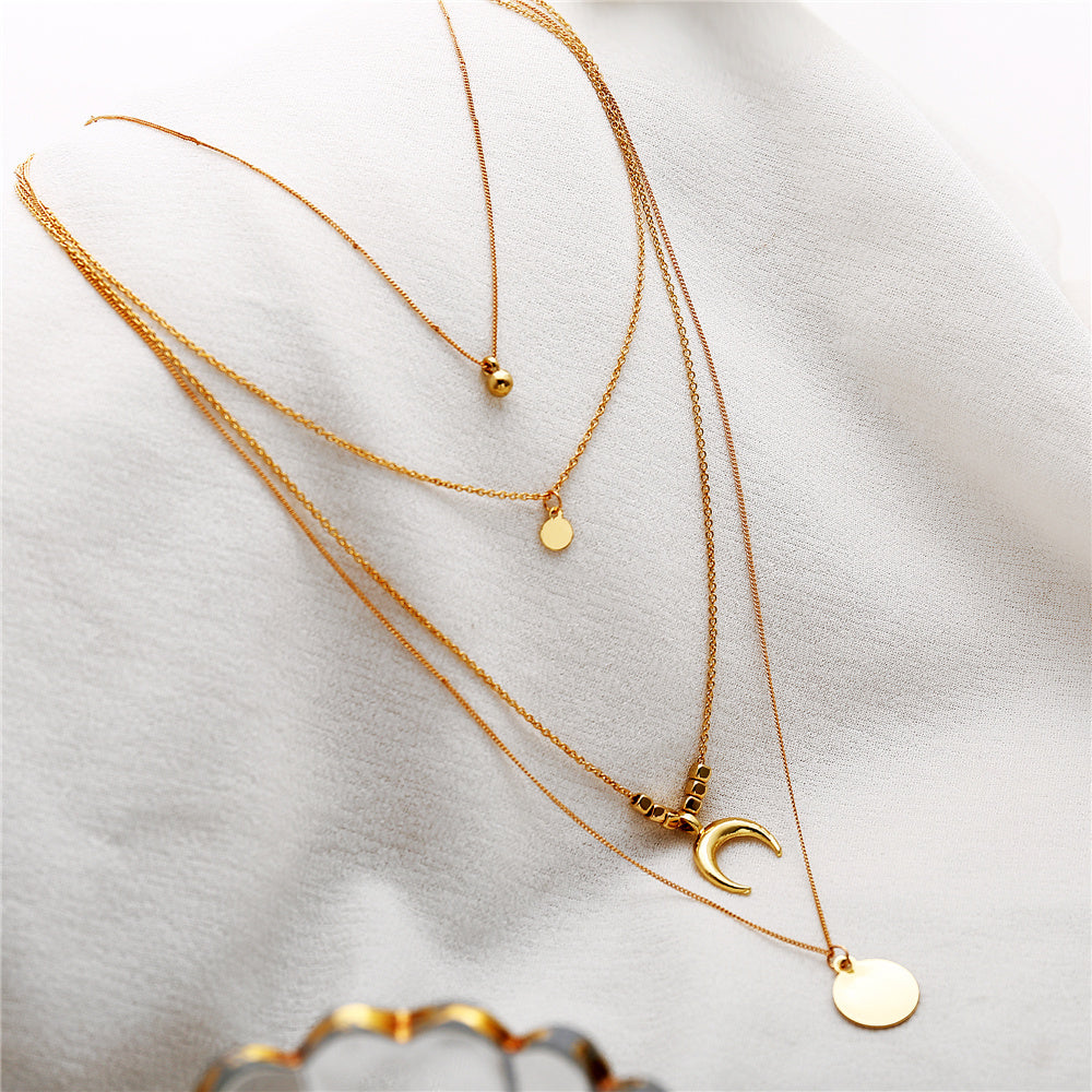 Multi-Layer Moon Pendant Necklace for Women Bohemian Wafer Elegant Necklace