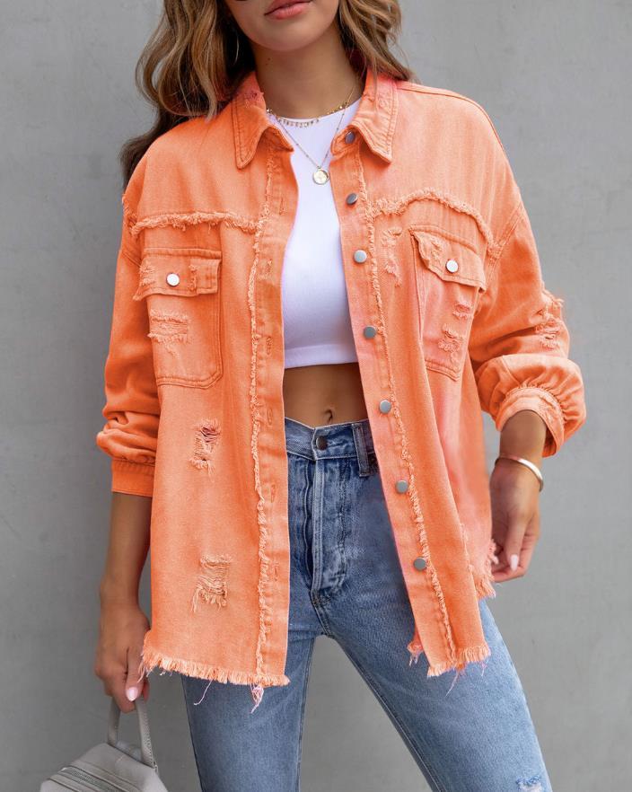 Veste en jean légère effilochée surdimensionnée pour femme, boutonnée, déchirée, en détresse