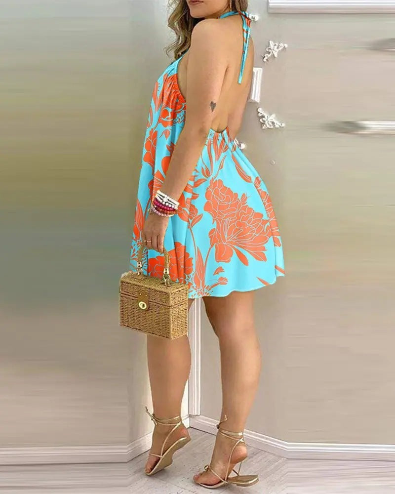 3D Effect Printed Summer Off-Shoulder Hanging Neck A-Line Dress