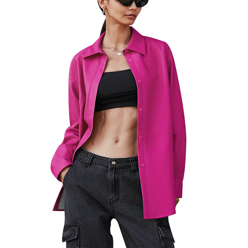 Fashion Long Sleeve Women's PU Shirt Leather Coat - Chic Durable High-Quality Luxurious Affordable