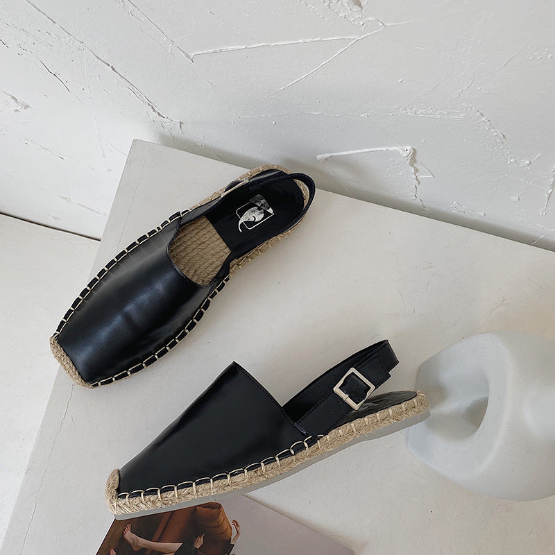 Baotou Platta Sandaler Dam Retro Fisherman Skor Mjukt Läder Singelskor Dam