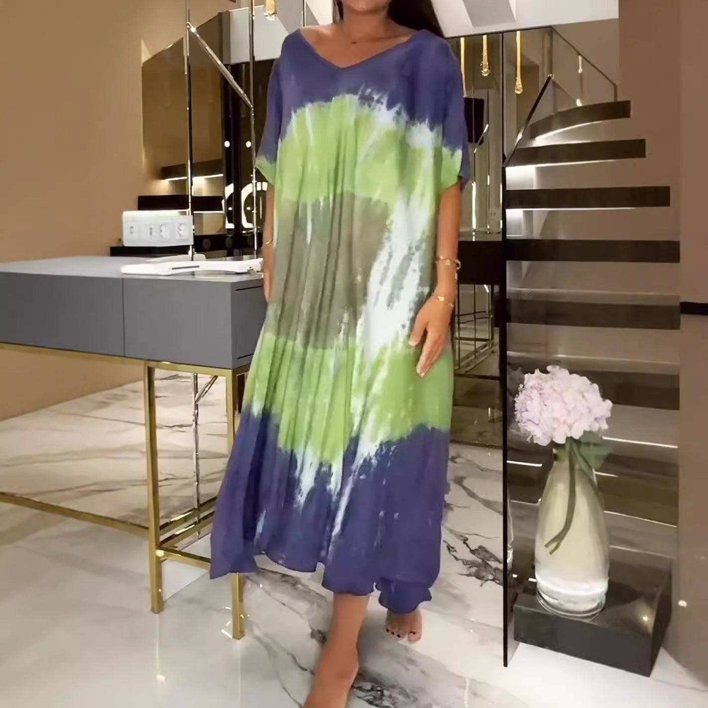Round Neck Loose Short Sleeve Dress - 150D High Elastic Super Soft Four-Sided Elastic - Temperament Commute