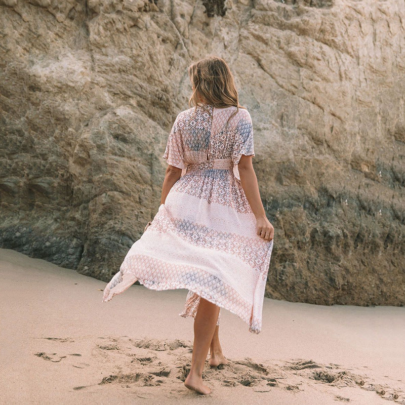 Robe bohème imprimée à fleurs pour femmes, vêtements de plage irréguliers