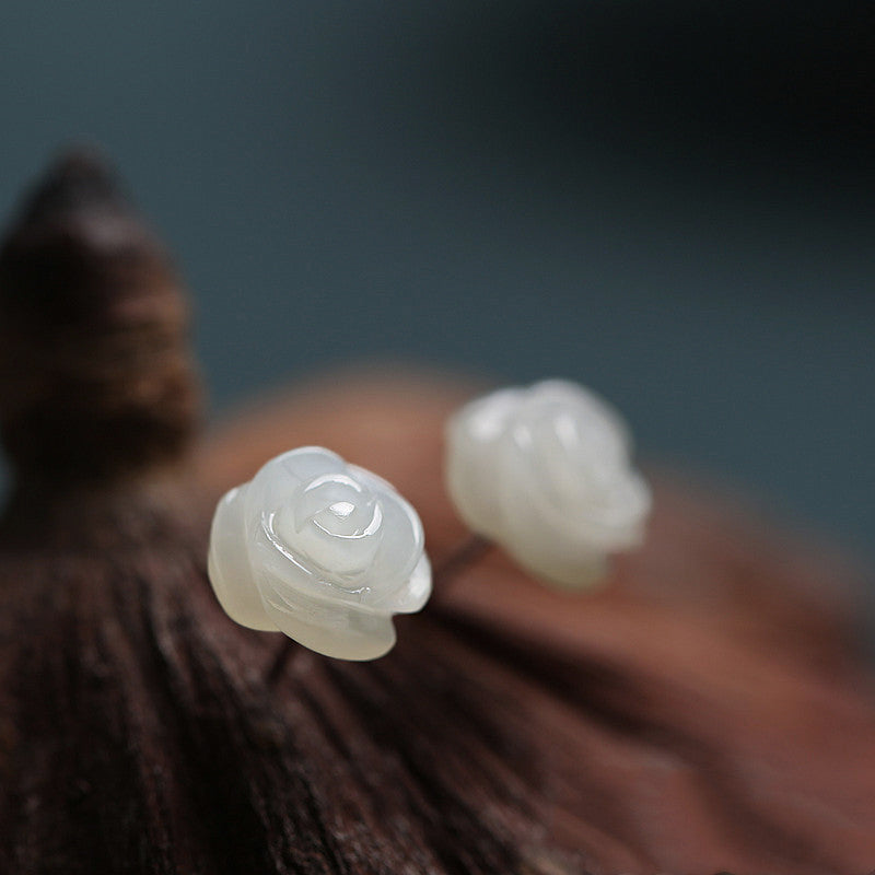 Ose Flower Sterling Silver Women Hetian Jade Flower Earrings