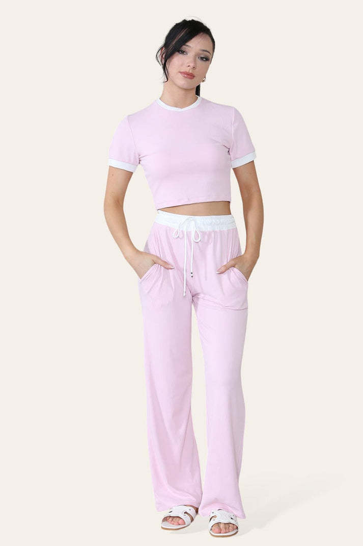 Ribbade kontrastfärgade vida benbyxor och topp i loungewear med TRS-beskuret set