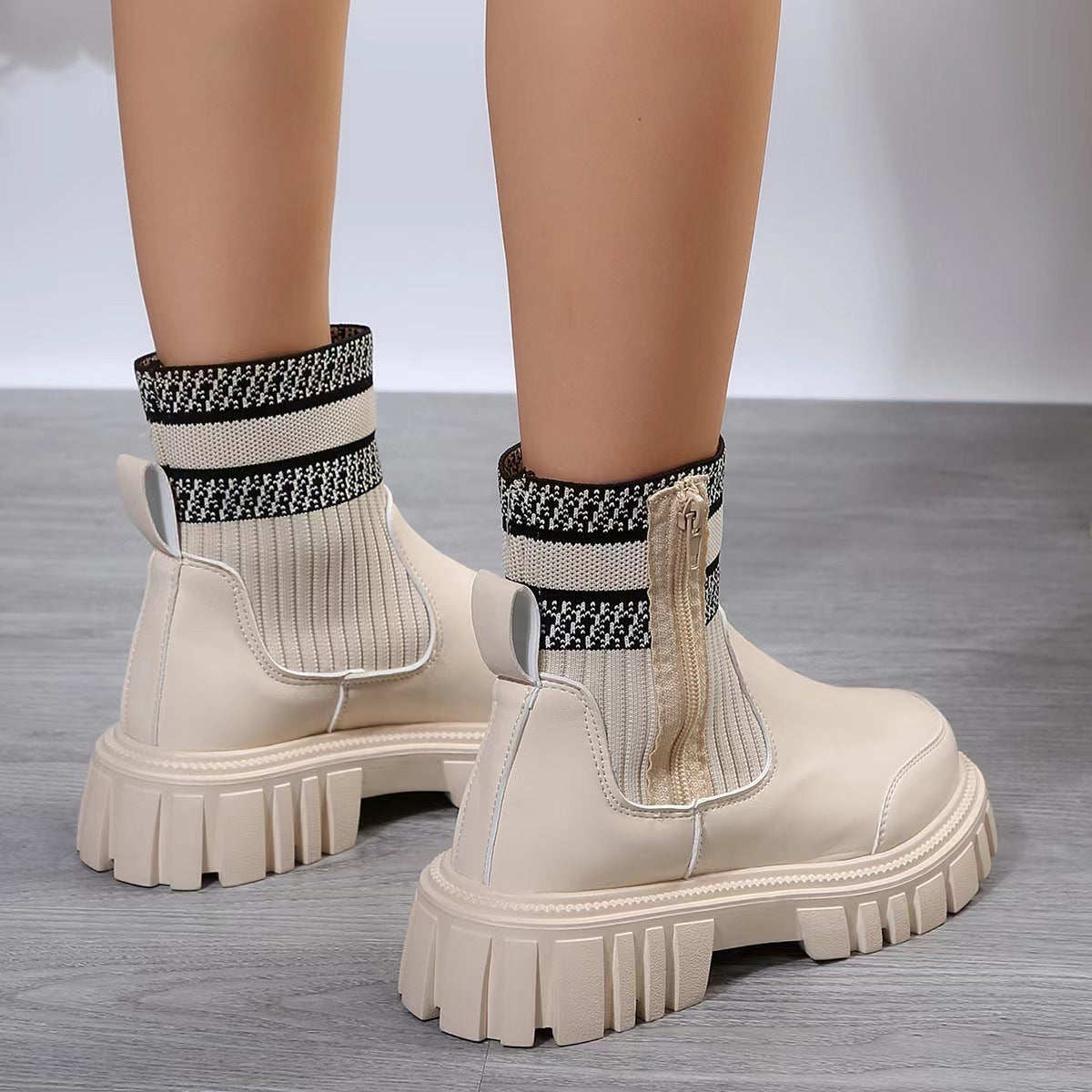 Women's Knitted Patchwork Martin Boots with Zipper