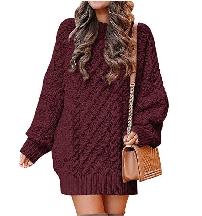 Indulge in the Luxe: Women's Round Neck Long Sleeve Twisted Knitted Mid-length Dress Sweater