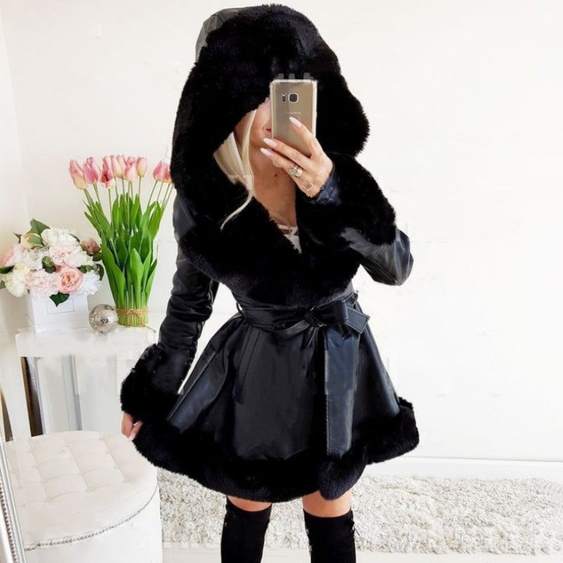 Women's Thermal Hooded Lapel Fur Splicing Coat - Imitation Leather Polyester Long Length Female