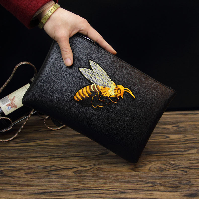 Sac enveloppe à main brodé d’abeilles pour hommes