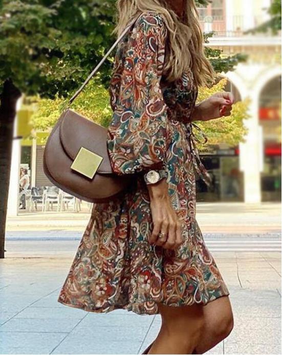 New Printed Long Sleeve A-Line Boho Dress