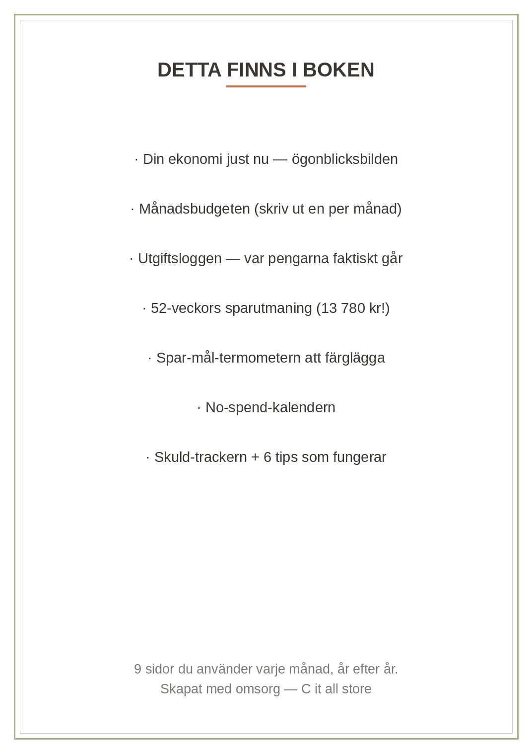 Budgetboken — månadsbudget, utgiftslogg, 52-veckors sparutmaning & trackers (printbar PDF)