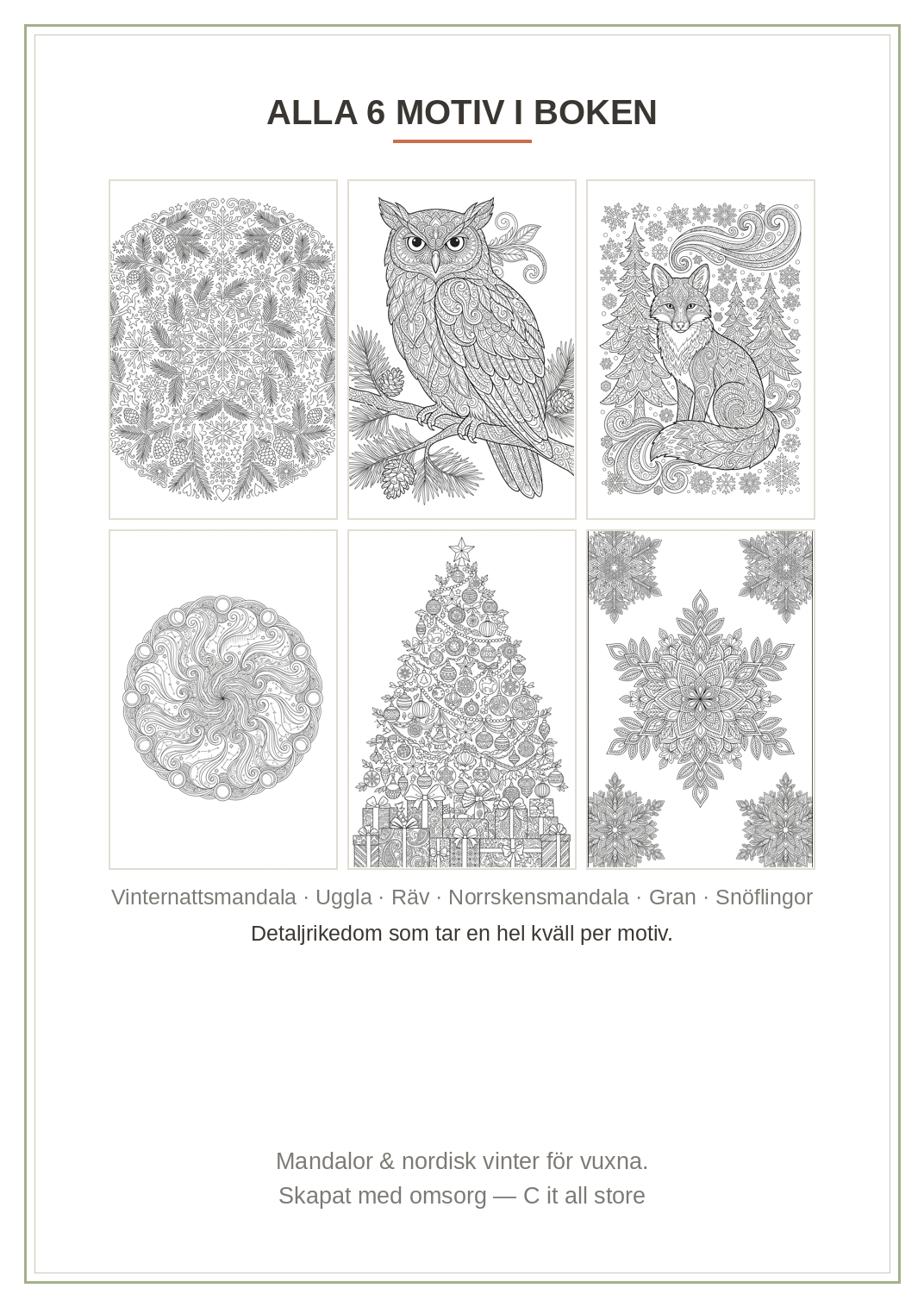 Målarboken Vuxna vol. 1 — 6 detaljrika motiv: mandalor & nordisk vinter (printbar PDF)