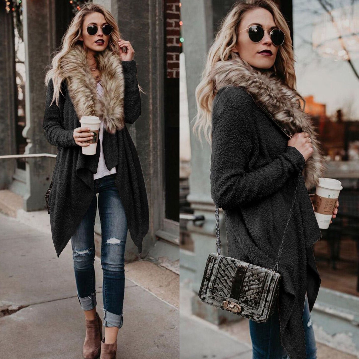 Trench-coat en peluche cardigan à col en fourrure
