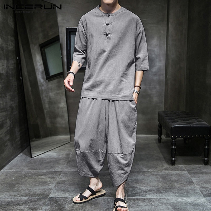 Costume fin en coton et lin de style ethnique pour homme