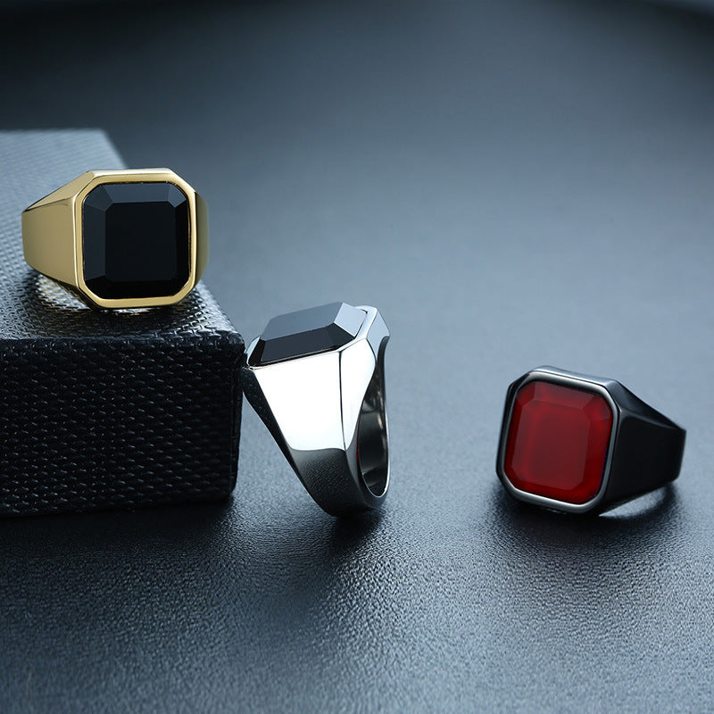 Bague homme agate noire acier inoxydable