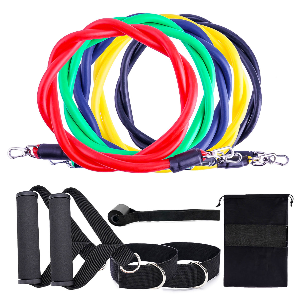 Professional Fitness Rally Elastic Rope - TPE Resistance Band System (5 Bands, 10-30 lbs, 11-Piece Complete Set)
