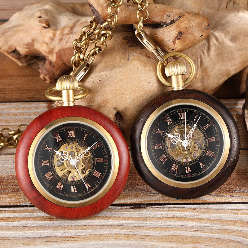 Red Copper Wood Roman Scale Retro Mechanical Pocket Watch - Modern Classic Elegant Timeless Sophisticated Precision Must-Have