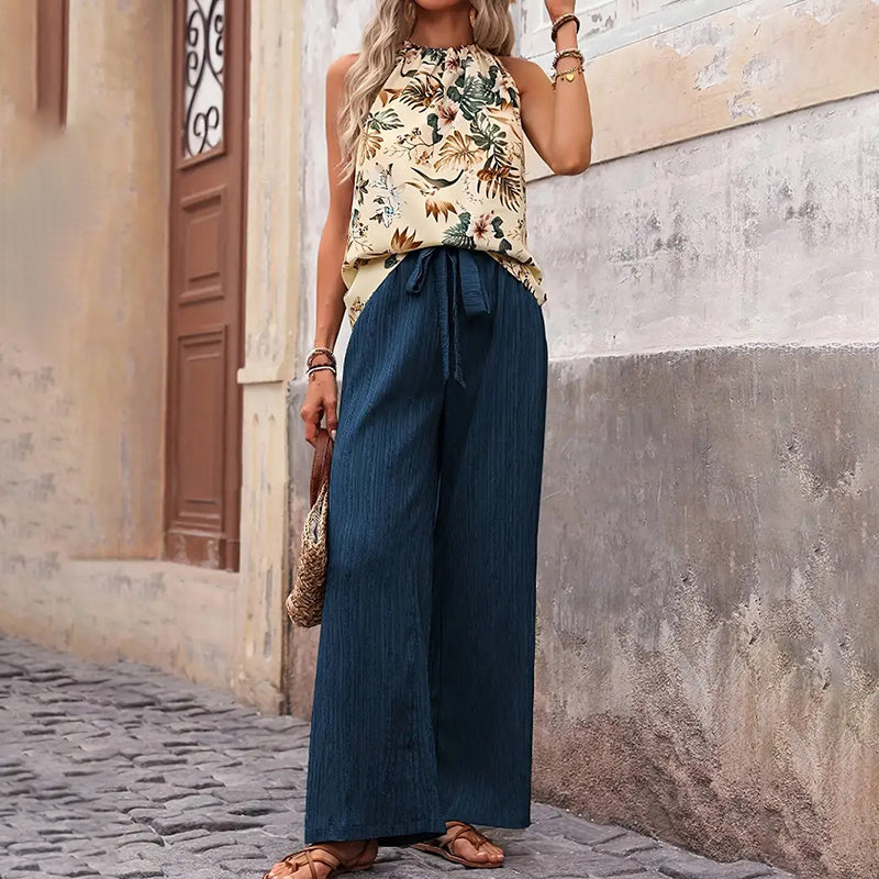 Damkläder med två delar, sommar, casual, ärmlös, halterneck, crop tops, vida ben, set med byxor