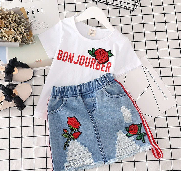 Vêtements pour enfants T-shirt blanc Jupe en jean 2pcs Costumes pour filles