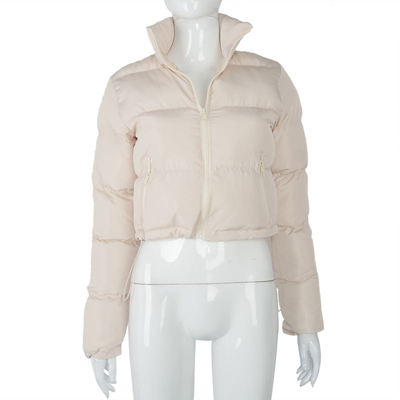 Mode manteau court hiver chaud à manches longues col montant fermeture éclair pain coton manteau avec cordon conception veste femme