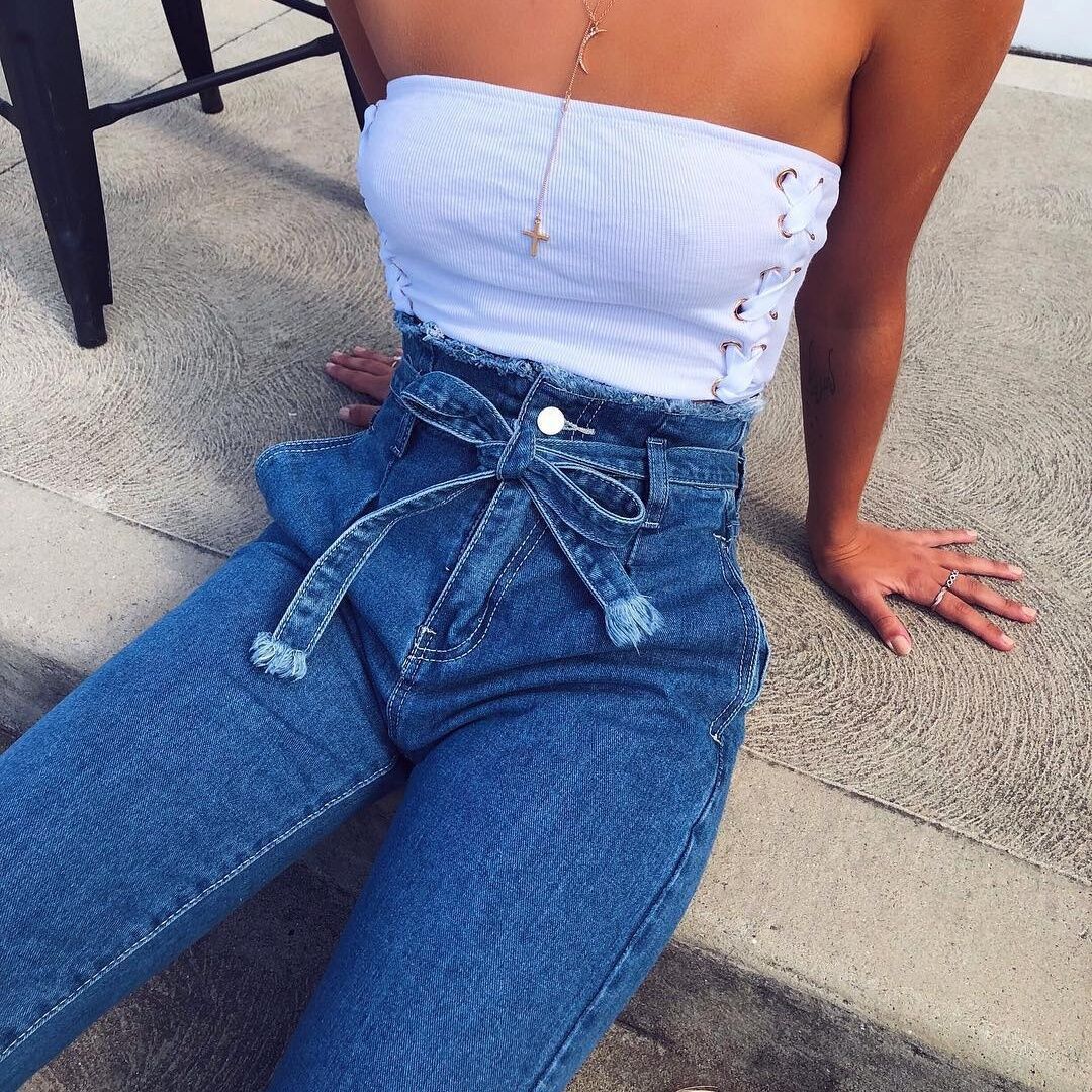 vintage tofsar hög midja jeans med gu ladda kvinnor sommar höst