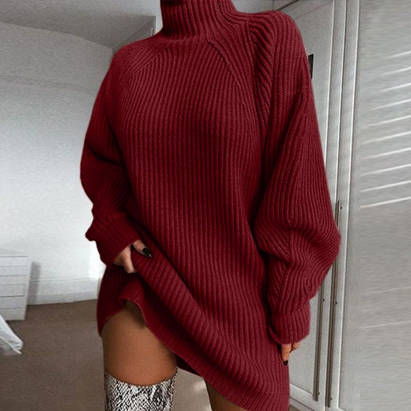Robe pull longue à col roulé pour femme, couleur unie, chaude, hiver