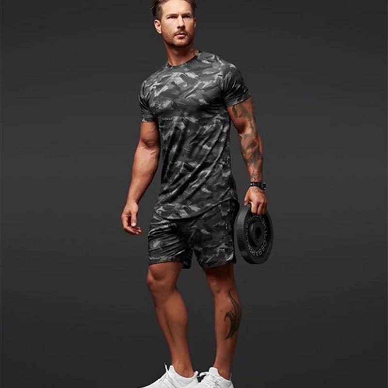 Tvådelad kortärmad kostym Fitness Fritid Kamouflage Sportkläder