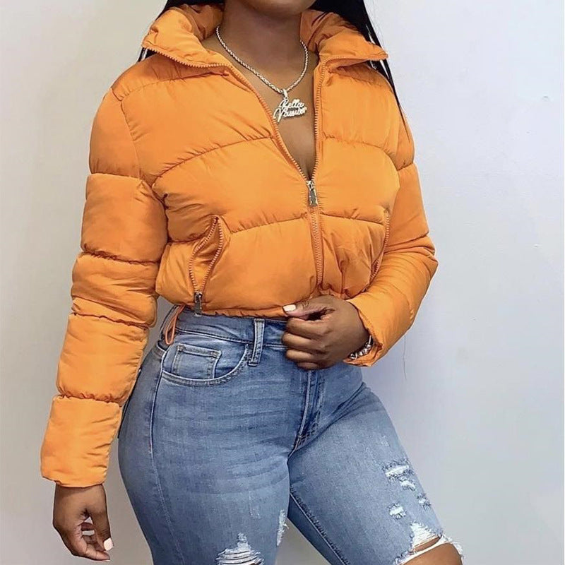 Mode manteau court hiver chaud à manches longues col montant fermeture éclair pain coton manteau avec cordon conception veste femme