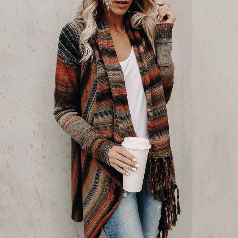 Mid-Length Slim Fashion Tassel Striped Jacket Sweaters
