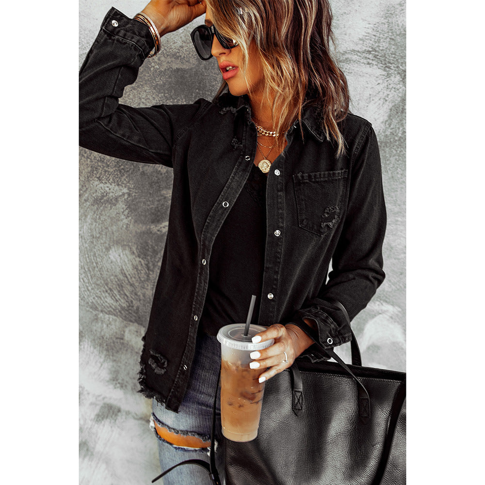 Black Ripped Shirt Denim Long Sleeve Coat Jacket Women - Trendy Comfortable High-Quality Flattering Stylish Edgy