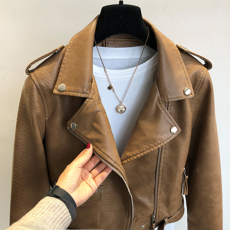 Veste courte en cuir pour femme printemps et automne