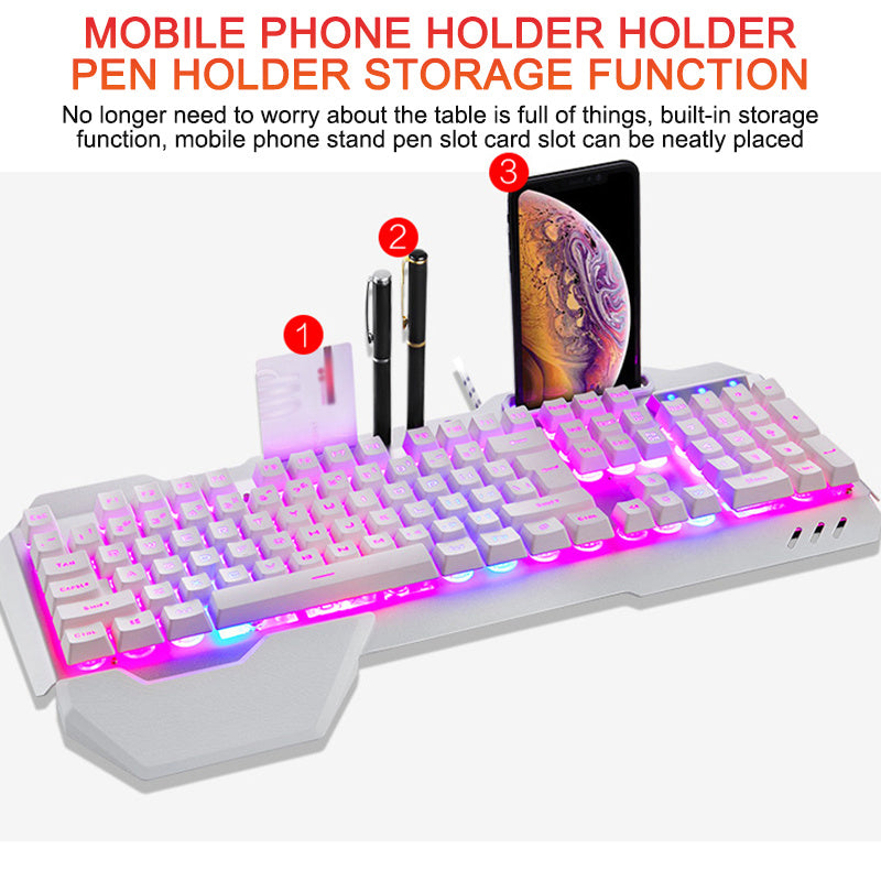Ergonomiska speltangentbord med RGB bakgrundsbelysningstelefon innehavare