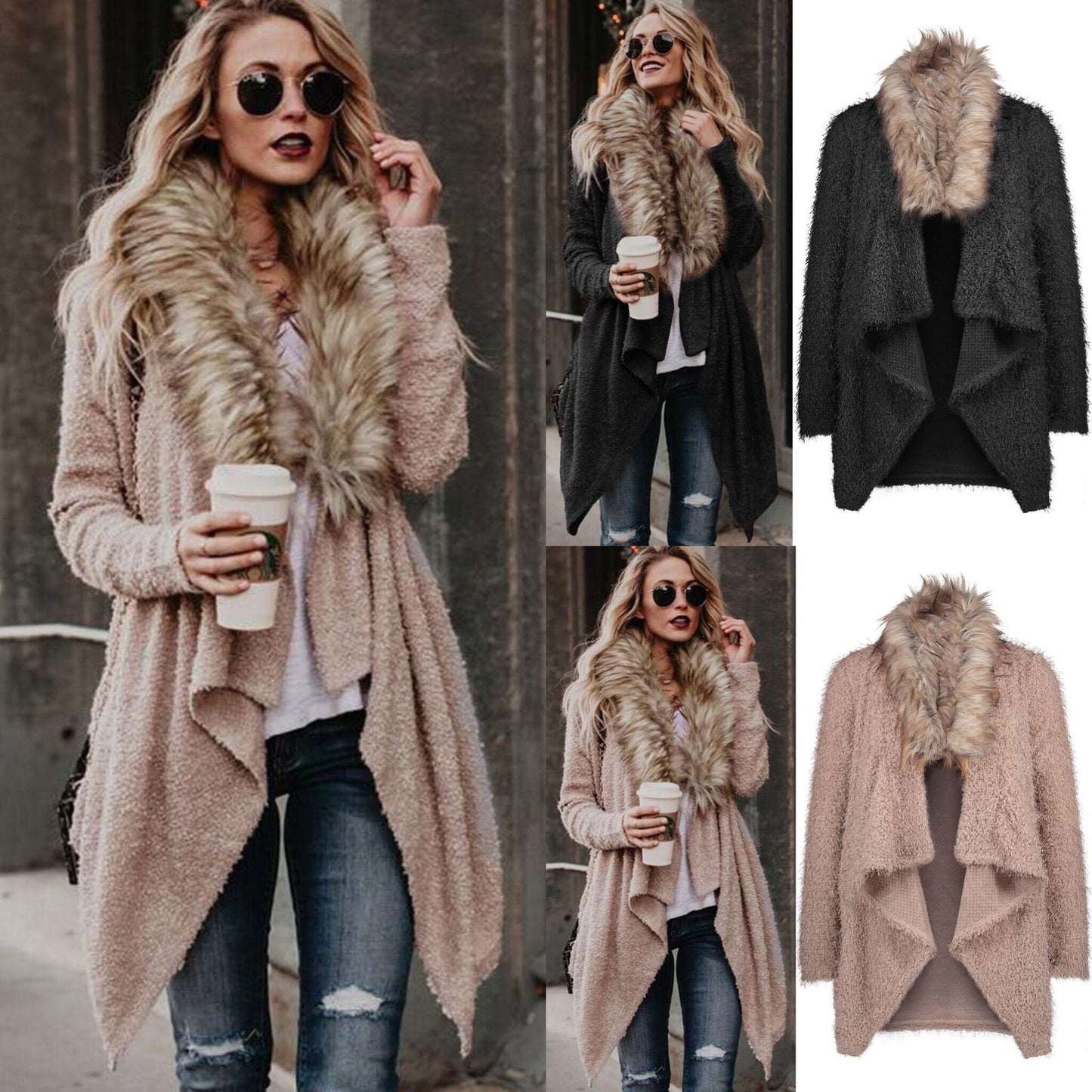 Trench-coat en peluche cardigan à col en fourrure