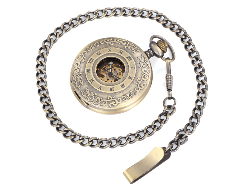Engraved Bronze Mechanical Demi Pocket Watch - Sophisticated Elegant Precise Unisex Intricate Traditional