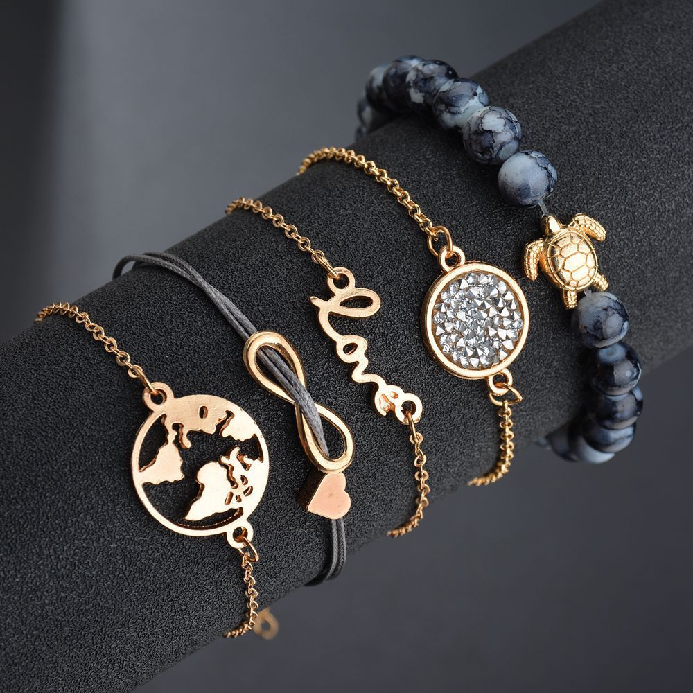 Vintage Turtle Heart Map Charm Bracelet - Boho Jewelry for Women