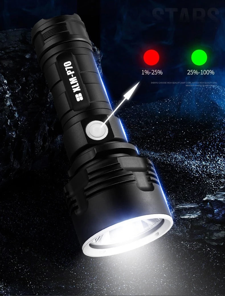 Stark ficklampa med fokus på LED-ljus, uppladdningsbar superljus LED-utomhus-xenonlampa
