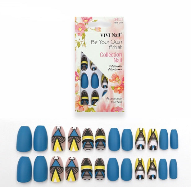 Pointed Color Printed Press-On Nails - 24 Pieces | 2g Glue 14.5x7.5x2.2cm Package