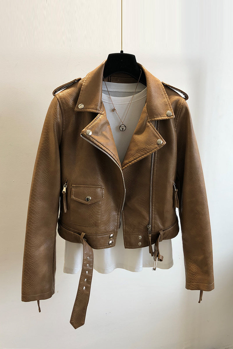 Veste courte en cuir pour femme printemps et automne