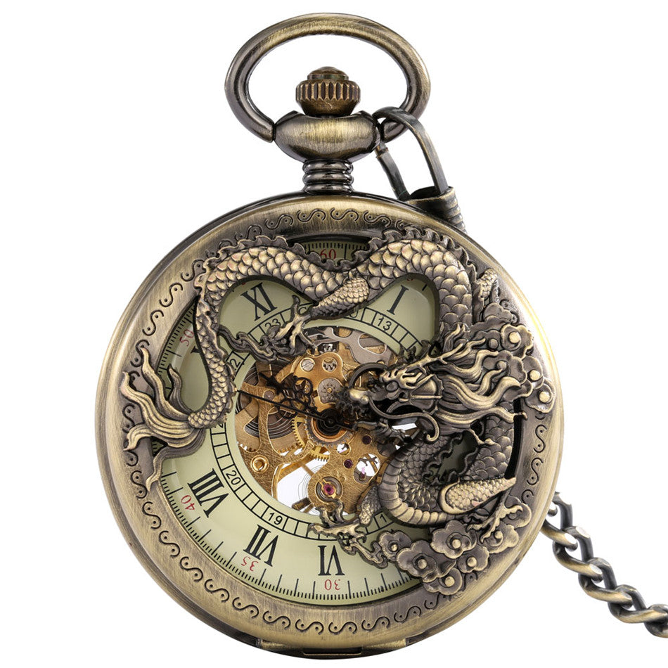 Retro Design Hollow Dragon Roman Literal Manual Manipulator Pocket Watch - Mythological Intricate Classic Precise Unique Craftsmanship