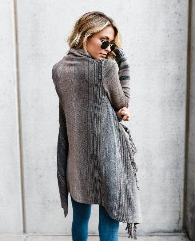 Mid-Length Slim Fashion Tassel Striped Jacket Sweaters