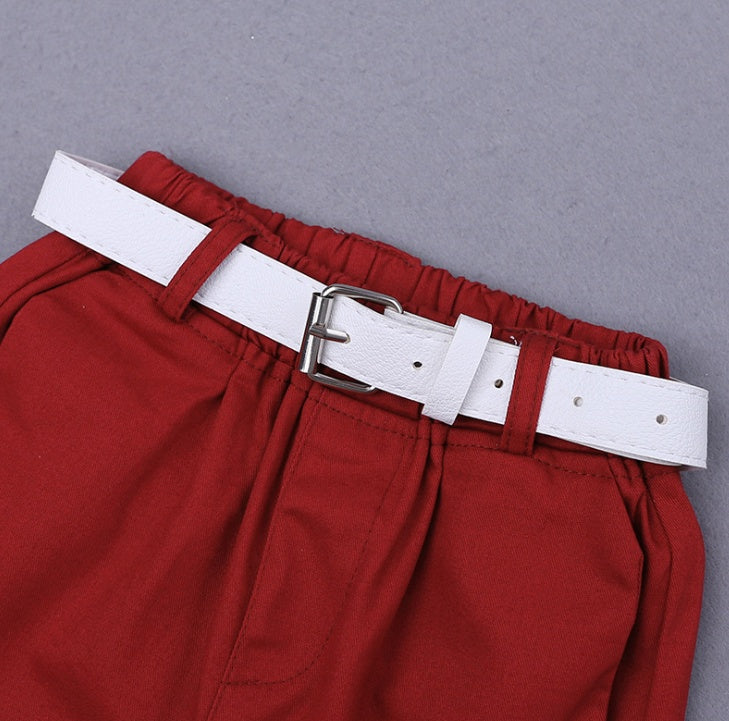 2 st Sommar Baby Set Blommig Kortärmad Pikétröja Med Röda Shorts Shorts Skolkläder För Barn Kina