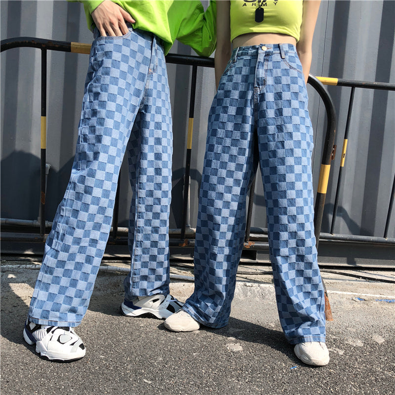 Blue Plaid Checkerboard High Waist Wide Leg Pants Women Hip Hop Loose Straight Pantalon Femme Trousers Punk Bottom Harem Pants - Streetwear Appeal